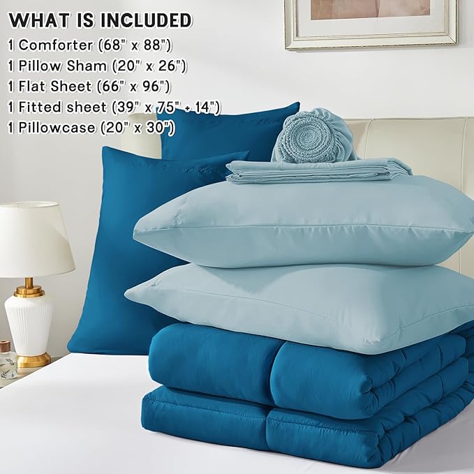 Anluoer Twin Comforter Set,Teal&Light Blue in a Bag 5 Piece,Lightweight Bedding Set with Soft Down Alternative Fill,Bed Set Includes Comforter, Fitted Sheet, Flat Sheet,Pillowcase and Sham