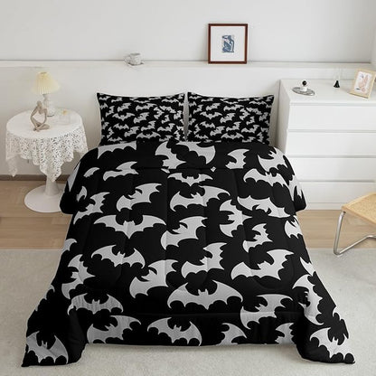 Erosebridal Gray Bat Twin Bedding Sets Halloween Bat Comforter Set Spooky Goth Gothic Animal Quilt Duvet Set Horror Halloween Bedding Collections for Kids Teens Adults