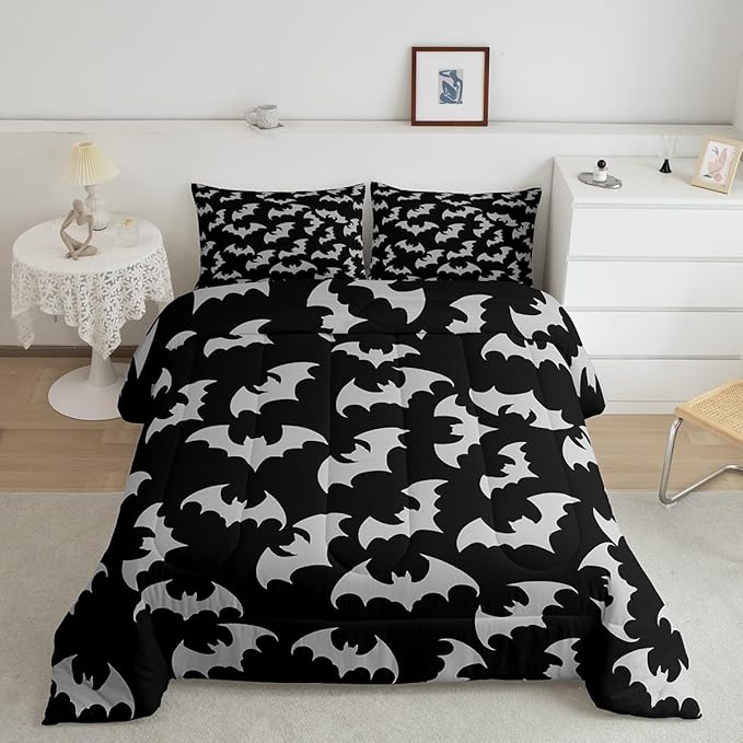 Erosebridal Gray Bat Bedding Set Full Size Halloween Bat Comforter Set Spooky Goth Gothic Animal Bed Sets Horror Halloween Duvet Quilt Sets for Kids Teens Adults
