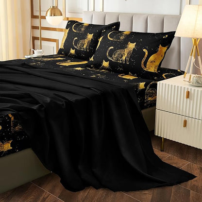 Black Gold Comforter Queen Gold Cat Bedding Set Black Kitty Animal Pattern Super Soft Cozy Girls Boys Pet Theme Cute Bed in A Bag with Comforter and Sheet Set