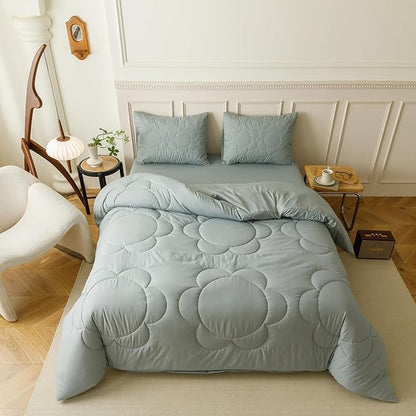 CLOTHKNOW Grayish Blue Comforter Set Twin/Twin XL 3Pcs Daisy Puff Bedding Comforter Sets Dusty Blue Twin Comforter Boho Comforter Bedding Sets