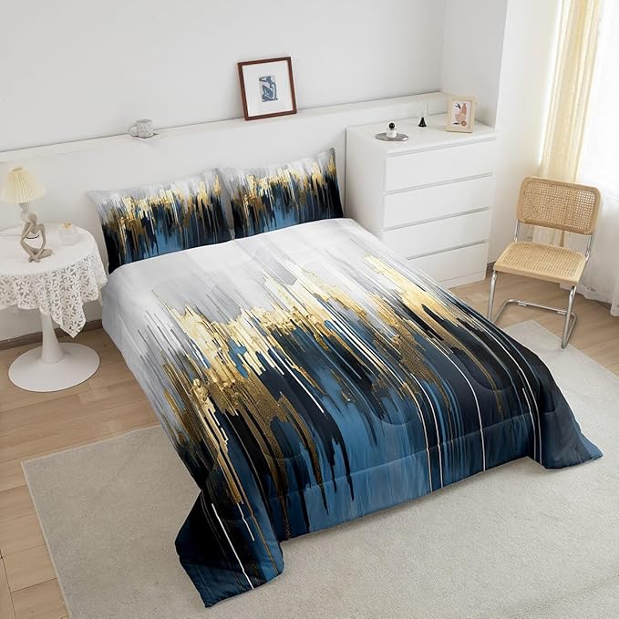 Navy Blue Comforter Set King Gradient Brush Marks Bedding Set, Watercolor Stripe Aesthetic Bedding Comforter Sets Greyish White Ombre Duvet Sets, Vintage Contemporary Quilted Comforter 3pcs
