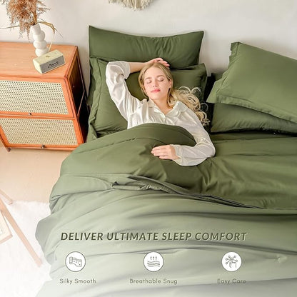 Queen Comforter Duvet Cover Set Olive Green - 7-Piece Bed in a Bag, Double Brushed Micorfiber All-Season Soft Bedding with Sheets & Envelope Pillowcases (88"x88")