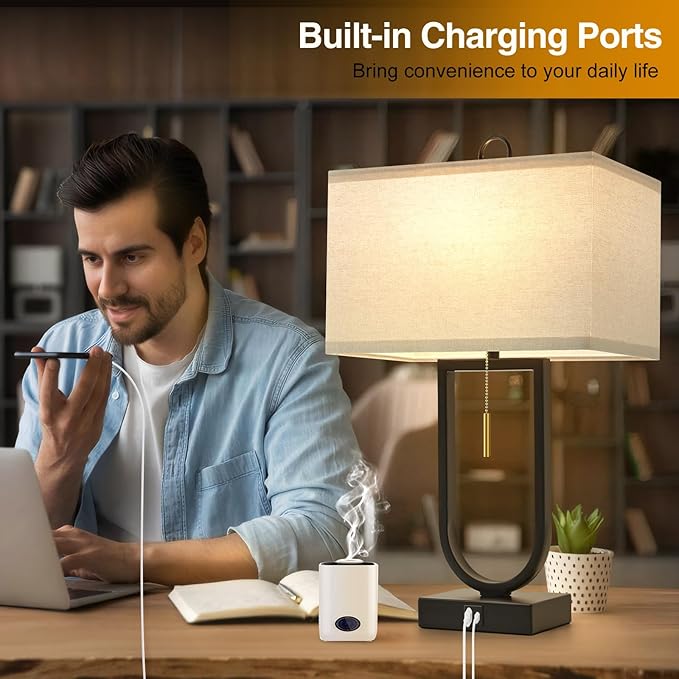 24'' Table Lamps Set of 2 - Desk Lamp & Bedside Lamp, Adjustable Color Temperature, USB C+A Ports, Modern Nightstand Lamps for Bedroom, Living Room, Home Office, Pull Chain Switch( Includes Bulbs)