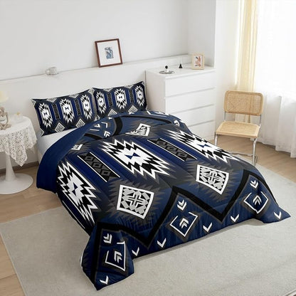 Feelyou Navy Blue Western Comforter Set Southwest Native Tribal Bedding Set Toddler Size for Kids Boys Girls Teens Room Decor Boho Geometric West Comforter Soft Microfiber