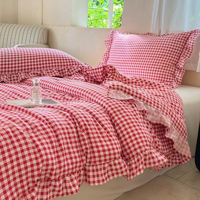 NSNLGSGC Red Ruffle Gingham Comforter Set Queen, Pre-Washed Ruffled Plaid Checked Comforter Bedding, 3 Pieces Vintage Farmhouse Grid Bedding Set(Red Gingham, Queen)