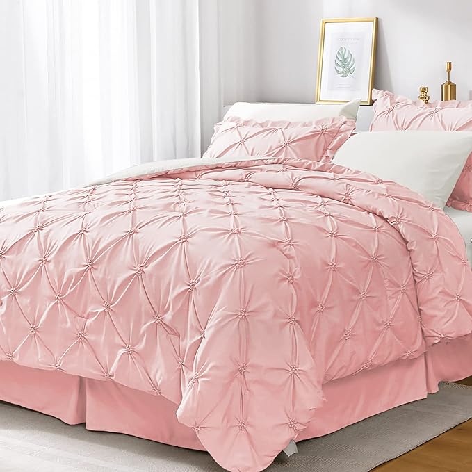 JOLLYVOGUE King Size Comforter Set 7 Pieces, Pink/Ivory Bed in a Bag Comforter Set for Bedroom, Beddding Sets with Comforter, Sheets,Ruffled Shams & Pillowcases