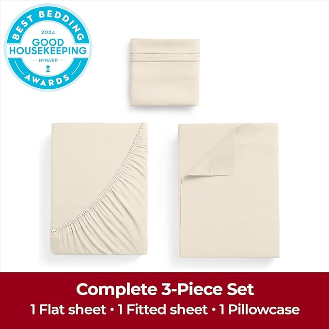Mellanni Extra Deep Twin Sheets - 3 PC Iconic Collection Bedding - Hotel Luxury, Ultra Soft, Cooling Bed Sheets - Wrinkle, Fade, Stain Resistant (Twin, Golden Ivory)