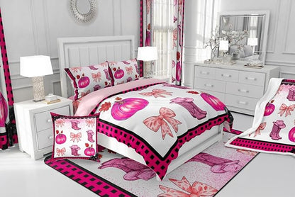 Erosebridal Pink Kawaii Cowgirl Bedding Comforter Sets King for Kids Girls Teen Women,Western Cowboy Boots Hat Bedding Set Cute Bowknot Pumpkin Comforter Set,Plaid Decor Quilt Duvet 2 Pillow Cases