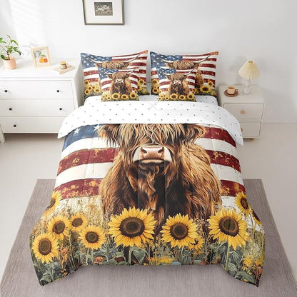 Country Highland Cow Comforter Sets Vintage Retro American Flag Bedding Rustic Farmhouse Animal Sunflower Decor Comforter + Flat Sheet + Fitted Sheet + 2 Pillowcases + 2 Throw Pillow Covers, King