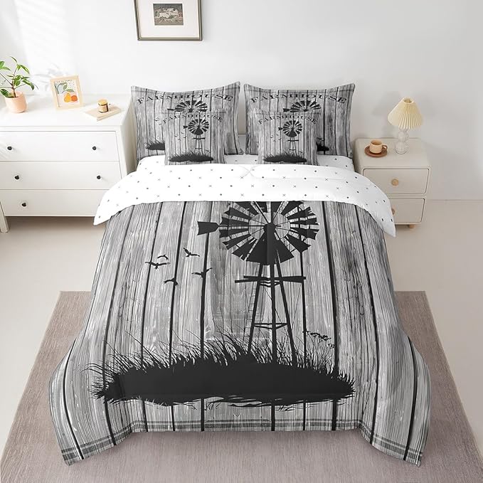 Erosebridal Full Size Windmill Comforter Set with Sheets & Pillows - 7-Piece Rustic Wooden Decor Bed in a Bag