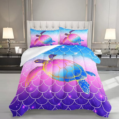 HOSIMA Mermaid Fish Scales Bedding Sets,Sea Turtle Comforter Rainbow Bedding Glitter Star Themed Comforter Set Queen Size for Girls Kids Room Decor,Bed Set for Girls with 2 Pillowcases.