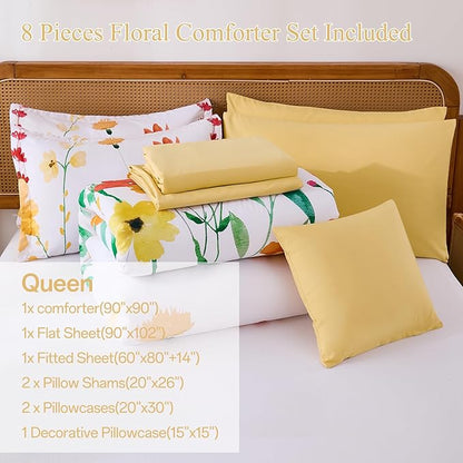 Annibedding Floral Queen Size Comforter Set, 8 Pieces Yellow Flower Botanical Soft Microfiber Bed in a Bag Bedding Set with Pillowcase Sheet for All Season (90"x90")