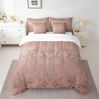Erosebridal Gothic Damask Bed in a Bag Queen Comforter Set 7 Piece,Butterfly Skull Bedding Sets Light Pink Victorian Floral Goth Sheet Set with Comforter