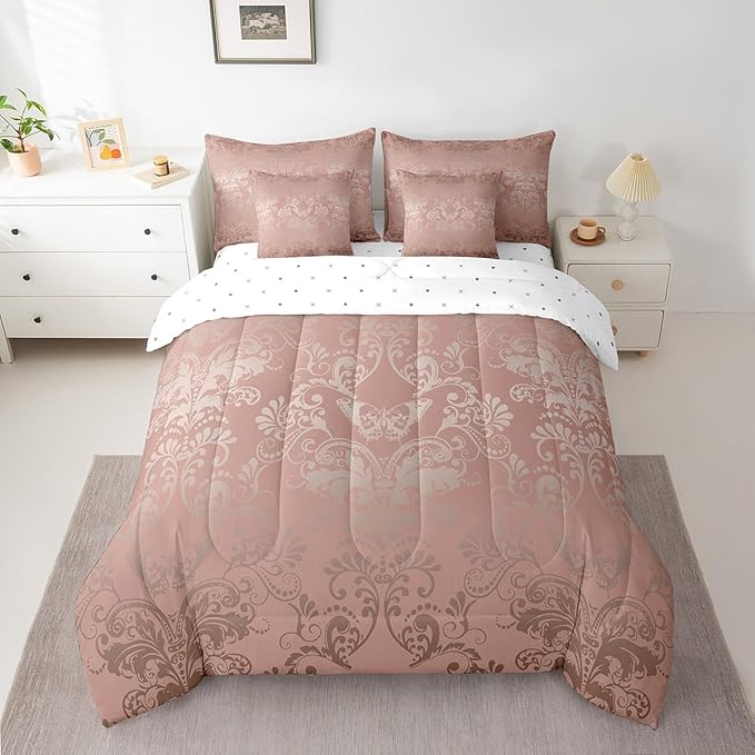 Erosebridal Gothic Damask Bed in a Bag King Size Comforter Set 7 Pieces,Butterfly Skull Bedding Sets Light Pink Victorian Floral Goth Sheet Set with Comforter