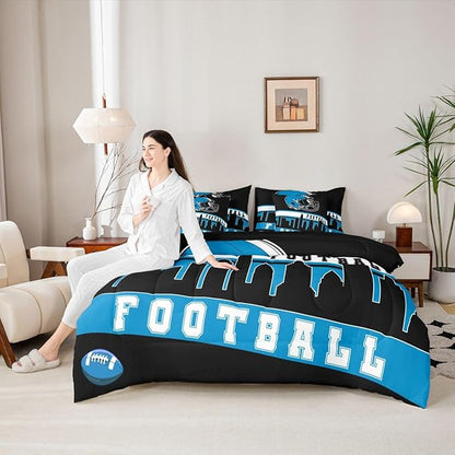 Erosebridal Football 7 Pcs Comforter Set King Football City Bedding for Teens Black Football Fans Sheet Set Bed in A Bag Rugby Game Bedroom Decor Sports Ball Competition Bed Set