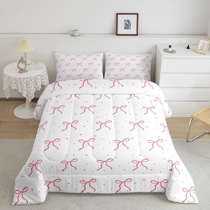 Erosebridal Girls Pink Bowknot Bedding Set Toddler Size, Girly Bows Cartoon Comforter Set for Kids Teens Women Bedroom, Dreamy Princess Down Comforter, Princess Galaxy Stars Quilt with 1 Pillowcase
