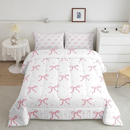 Erosebridal Girls Pink Bowknot Bedding Set Toddler Size, Girly Bows Cartoon Comforter Set for Kids Teens Women Bedroom, Dreamy Princess Down Comforter, Princess Galaxy Stars Quilt with 1 Pillowcase