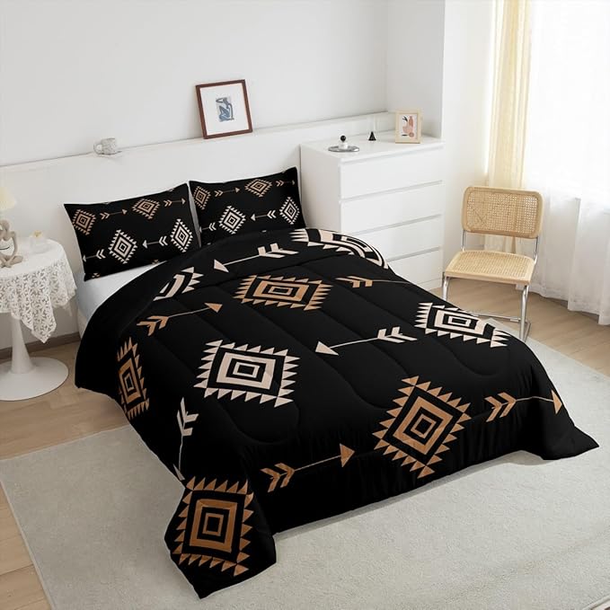 Feelyou Boho Western Comforter Set Brown Black Southwestern Aztec Tribal Full Size Bedding Set for Kids Boys Girls Bohemian Duvet Quilt
