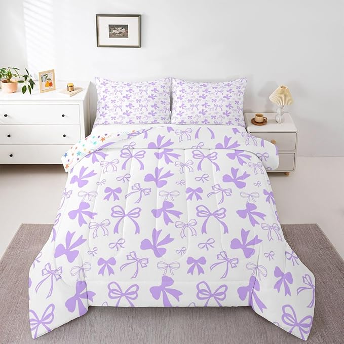 Erosebridal Cute Coquette Bowknot Comforter Set Purple Dreamy Bow King Bedding Set for Girls,Princess Style Kawaii Comforter Sets Purple Watercolor Bow Tie Bed Set for Kids Teen Women