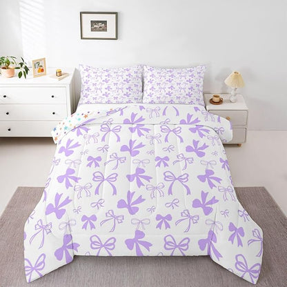 Erosebridal Cute Coquette Bowknot Comforter Set Purple Dreamy Bow King Bedding Set for Girls,Princess Style Kawaii Comforter Sets Purple Watercolor Bow Tie Bed Set for Kids Teen Women