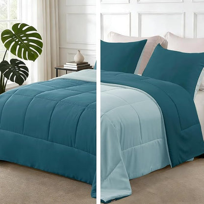 Exclusivo Mezcla Lightweight Reversible Queen Size Comforter Set, Down Alternative Comforter with 2 Pillow Sham, Queen Size Bedding Set for All Seasons, Dusty Teal/Aqua Blue