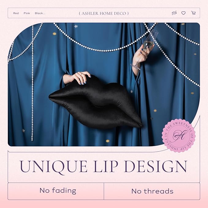 Ashler Upgraded Glossy Velvet Lip Shape Throw Pillow, Delicately Soft, Glossy Shimmering and Brilliant with Velvet Backing for Sofa, Bed and Living Room, Black, 24 X 12 Inches