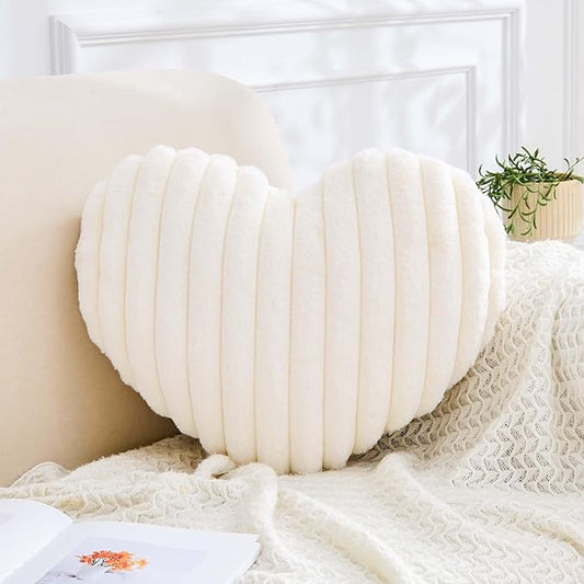 Heart Pillows Heart Decorative Pillow Soft Fluffy Heart Shaped Ivory Throw Pillows with Faux Rabbit Fur Aesthetic Room Decor Cute Pillow for Valentines Mother's Day