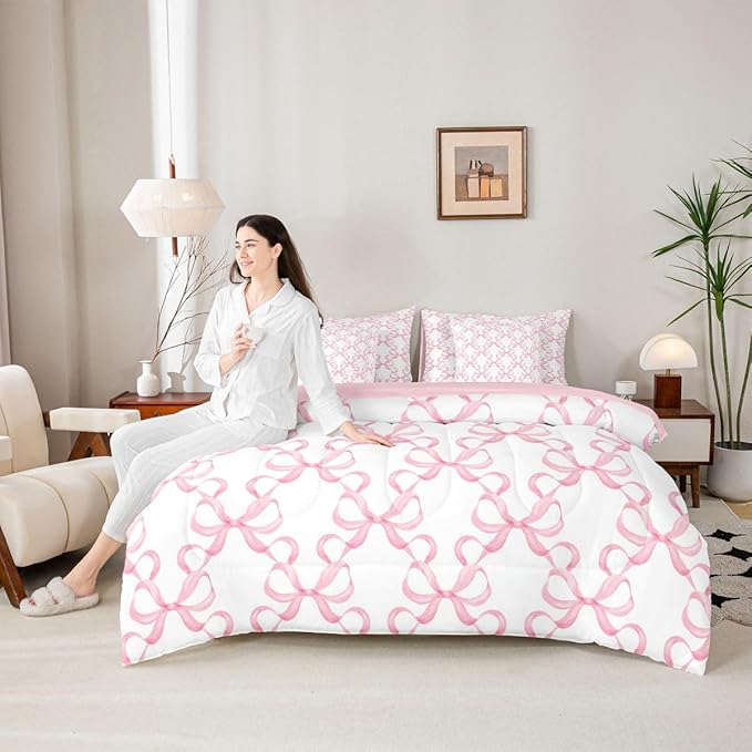 Feelyou Pink Bow King Comforter Set with Sheets for Kids Boys Girls Cute Bowknot 7 Pieces Bedding Set Bow Plaid Bed in a Bag Princess Decor Room Decor Soft Lightweight Microfiber
