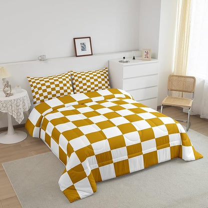 Feelyou Checkered Bedding Set Teen Women Men Yellow White Plaid Decoration Comforter Set Full Size Kids Boys Girls Cute Retro Neutral Grid Geometric Duvet Insert Vintage Aesthetic Room Decor
