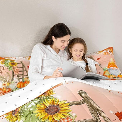 Erosebridal Happy Fall Gnomes Bedding Set Thanksgiving Pumpkin Comforter Set Twin Fall Home Room Decor,Autumn Natural Harvest Season Quilt Duvet,Rustic Maple Leaf Sunflower Comforter 1 Pillow Case