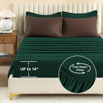 Litanika Full Comforter Sets Brown Emerald Green- 7 Pieces Bed in a Bag Beddding Sets, Solid Lightweight Bed Set with Comforter, Sheets, Pillowcases & Shams