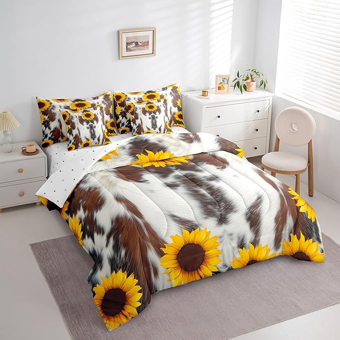 Erosebridal 7 Pcs Cow Print Comforter Set Full Size,Sunflower Cow Bed in a Bag with Flat Sheet and Fitted Sheet for Kids and Adults,Farm Cowhide Flower Bedding Set with Pillowcases and Cushion Cases