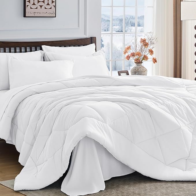 HEVUMYI White California King Comforter Set - 7-Piece All Season Bed in a Bag Cal King, Ultra Soft Bedding Set with Comforter, Flat Sheet, Fitted Sheet, Pillowcases, Pillow Shams