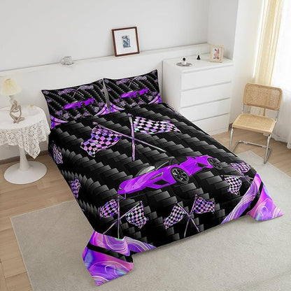 jejeloiu Purple Race Car Bedding Set King Size Extreme Sports Comforter Set for Kids Teens Adult Fast and Furious Duvet Set Dazzling Flag Quilt Set 3Pcs