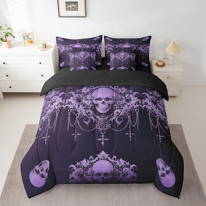 Erosebridal Gothic Bed in a Bag Queen Comforter Set 7 Piece,Goth Sugar Skull Purple Damask Bedding Set,Bohemian Vintage Floral Comforter and Sheet Set,Exotic Antique Victorian Baroque Decor