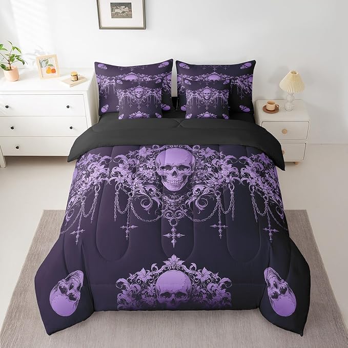 Erosebridal Gothic Bed in a Bag King Size Comforter Set 7 Pieces,Goth Sugar Skull Purple Damask Bedding Set,Bohemian Vintage Floral Comforter and Sheet Set,Exotic Antique Victorian Baroque Decor