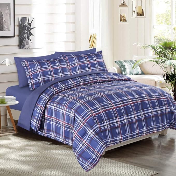 EMME Queen Comforter Set with Sheets, 7 Piece Queen Size Bedding Sets, All Season Plaid Bedspread Bed Set with 1 Comforter, 1 Flat Sheet, 2 Pillowcases and 2 Pillow Shams
