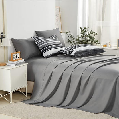 KAKIJUMN 7 Piece Bed in a Bag Stripe Comforter Set Full Size, White Grey Black Patchwork Striped Comforter and Sheet Set, All Season Soft Microfiber Complete Bedding Sets(Grey,Full)