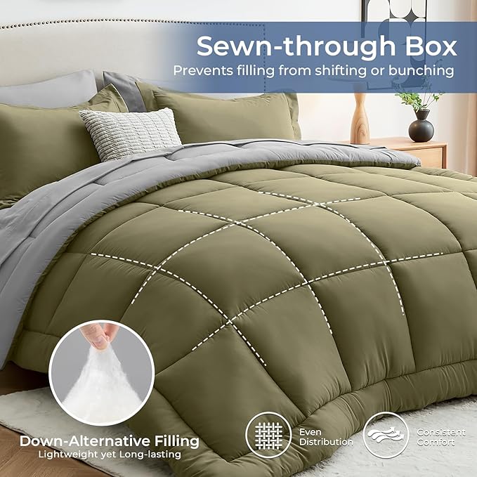 Sasttie Twin Comforter Set, 5 Pieces Reversible Bed in a Bag Twin, Complete Bedding Set Includes Comforter, Flat Sheet, Fitted Sheet, Pillowcase and Pillow Sham, Olive & Light Grey