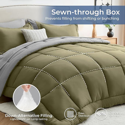 Sasttie Twin Comforter Set, 5 Pieces Reversible Bed in a Bag Twin, Complete Bedding Set Includes Comforter, Flat Sheet, Fitted Sheet, Pillowcase and Pillow Sham, Olive & Light Grey