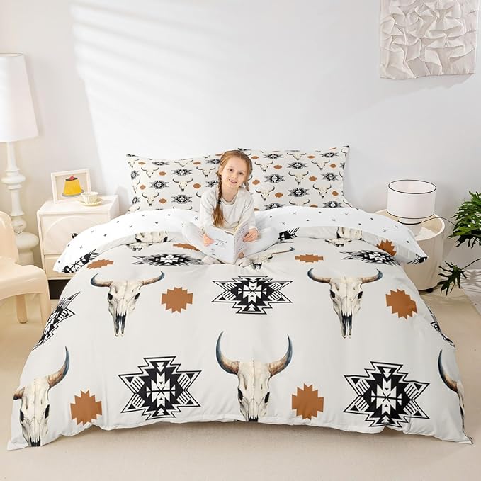 Feelyou Khaki Bull Skull Comforter Set King Size Kids Western Aztec Duvet Quilt for Boys Girls Teens Southwestern Bohemian Boho Wild Cowboy Tribal Rustic Bedding Set Soft Room Decor 3Pcs