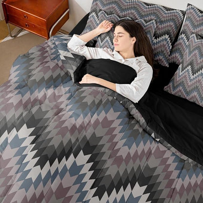 Erosebridal Aztec Geometric Bed in A Bag Queen 7 Pcs Farmhouse Western Comforter Set for Kids Teens Country Native American Bedding Sets Black Grey Ethnic Aesthetic Sheet Set with Comforter