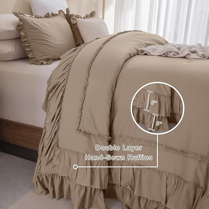 QSH 3PCs Light Taupe Oversized California King Ruffled Bed Comforter Set 128x120, Farmhouse Vintage Chic Comforter French Country Shabby Comforter Soft Microfiber Fluffy Bedding Set
