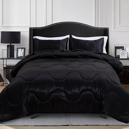 A Nice Night Satin Silky Soft Quilt Luxury Super Soft Microfiber Bedding Comforter Set, Light Weighted (Black, Cal King)