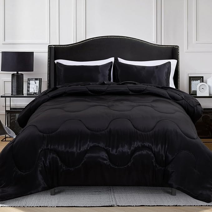 A Nice Night Satin Silky Soft Quilt Sexy Luxury Super Soft Microfiber Bedding Comforter Set, Light Weighted (Black, King)