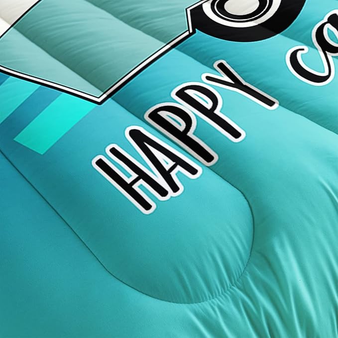 HOSIMA Happy Camping Decor Comforter Set,Cartoon Camper Bedding Queen Size for Kids Teen Girls Boys Room Decor,Camper Accessories for Travel Trailers Themed Bedding with 2 Pillowcases.