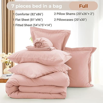 MUXHOMO 7 Pieces Full Comforter Set, Soft Bed in a Bag Full Size, All Season Bedding Set with Comforter, Flat Sheet, Fitted Sheet, Pillowcases & Shams, Rose Gold