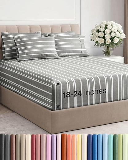Extra Deep Full Sheet Set - 6 Piece Breathable and Cooling Sheets - Hotel Luxury Bedding for Women, Men, Kids & Teens - Easy & Secure Fit - Soft and Wrinkle Free - Extra Deep Pockets - Grey Stripes