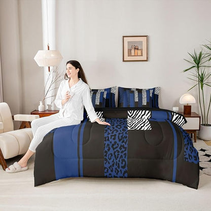 Erosebridal Leopard Print Stripes Blue Black King 7-Piece Comforter Set | Geometric Sheets and Pillowcases Zebra Cheetah Wild Animal Skin Bed in A Bag Women Men Adults Bed Sets
